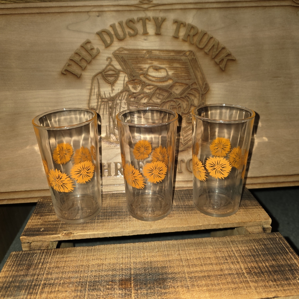 3 Vintage Orange Floral Glass Tumblers